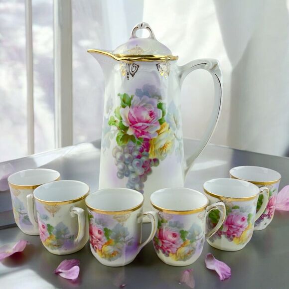 Antique Art Nouveau Demitasse Chocolate Pot/Espresso Set Three Crown Germany 7pc - Picture 1 of 15